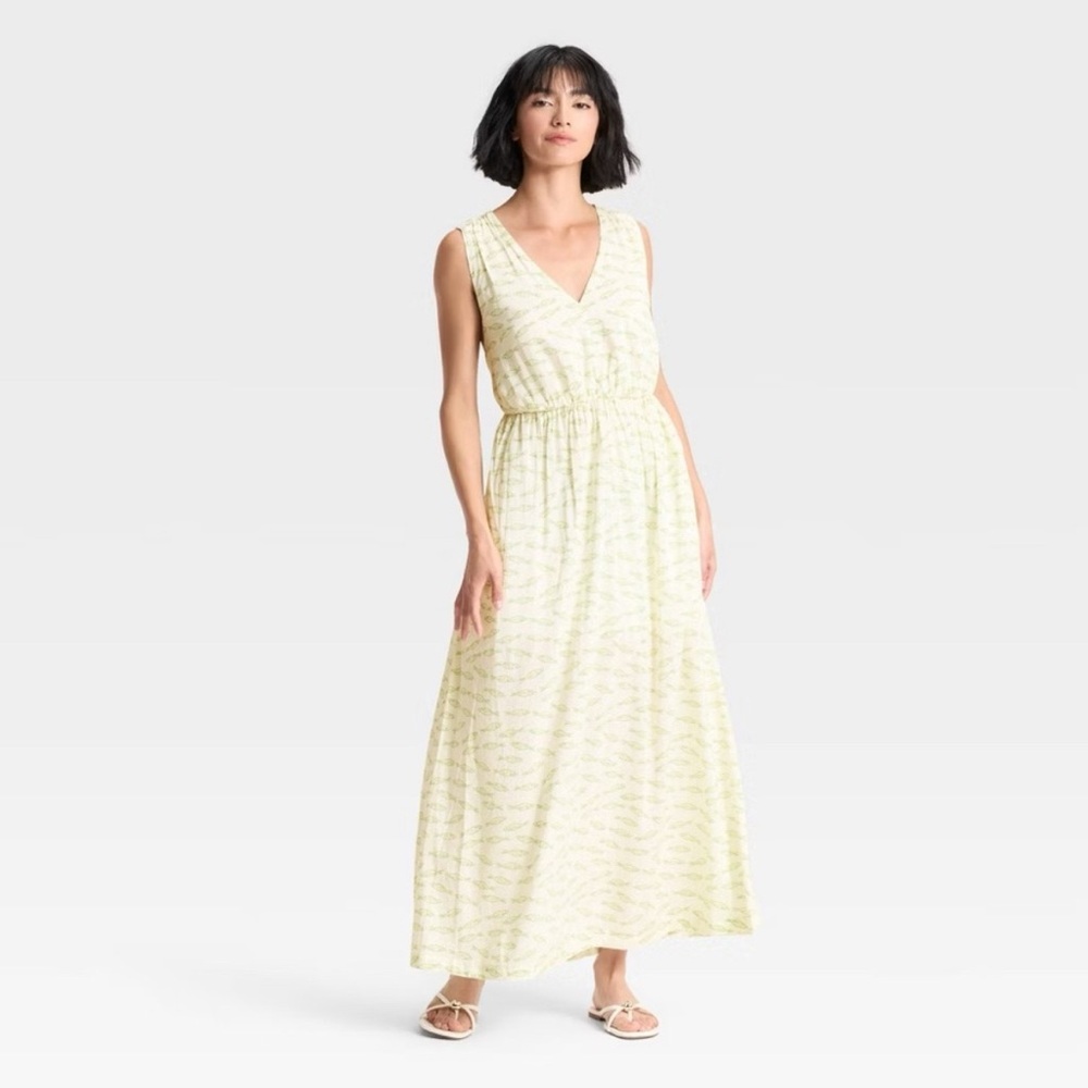 NWT A New Day Women's Maxi Open Back Sundress Cream Green Sardine Print size XS